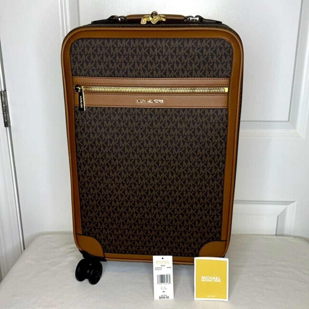 Michael Kors Travel Small Trolley Brown and Tan Monogram Leather Gold Hardware